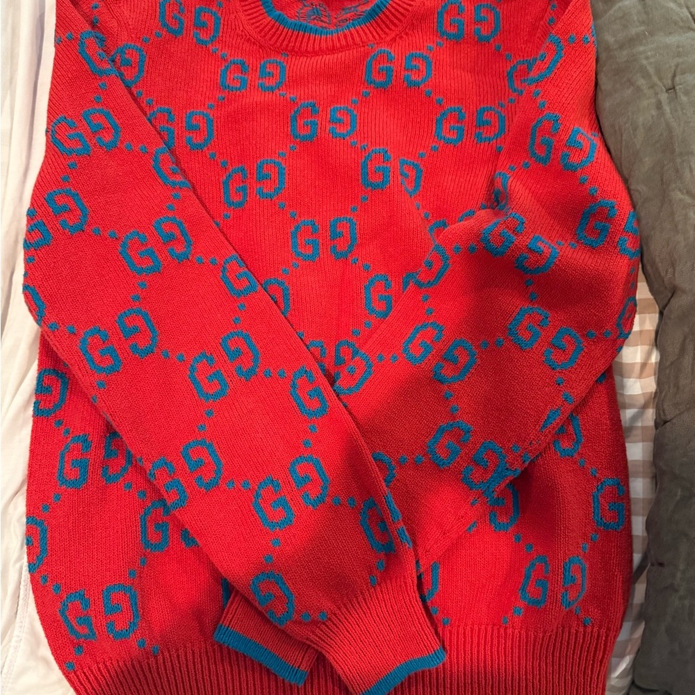 Gucci Red and Blue GG Pattern Crewneck Sweater